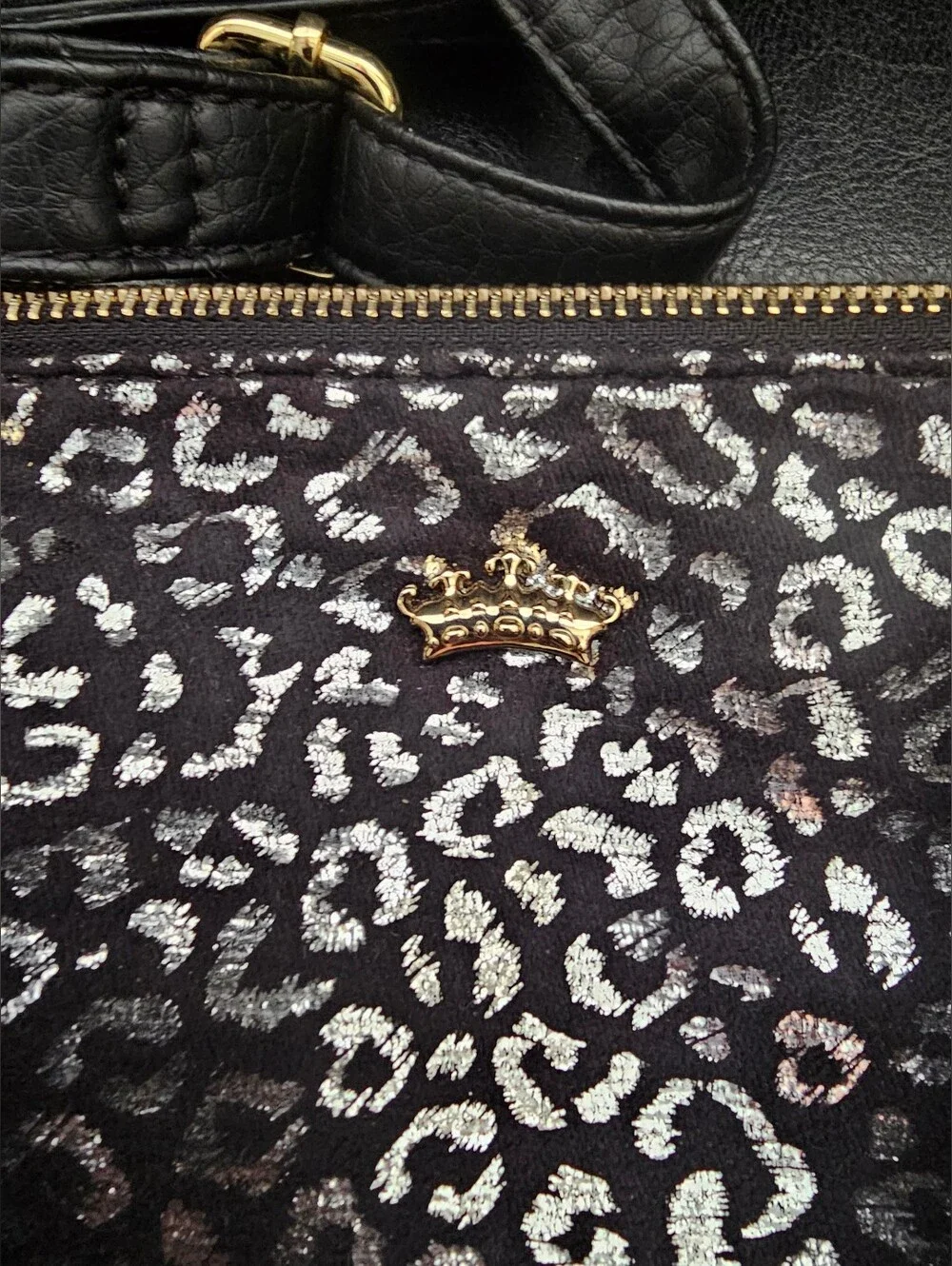 Juicy Couture Black and Silver Leopard Print Tote Bag with Gold Accents